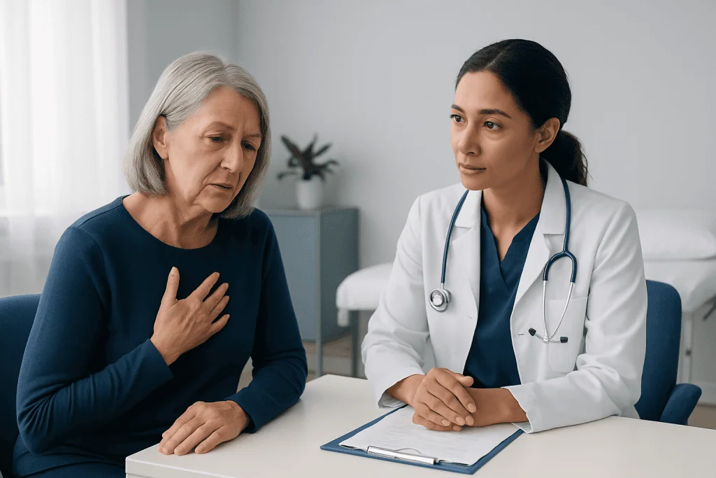 Doctor consulting with an elderly woman patient about health concerns.