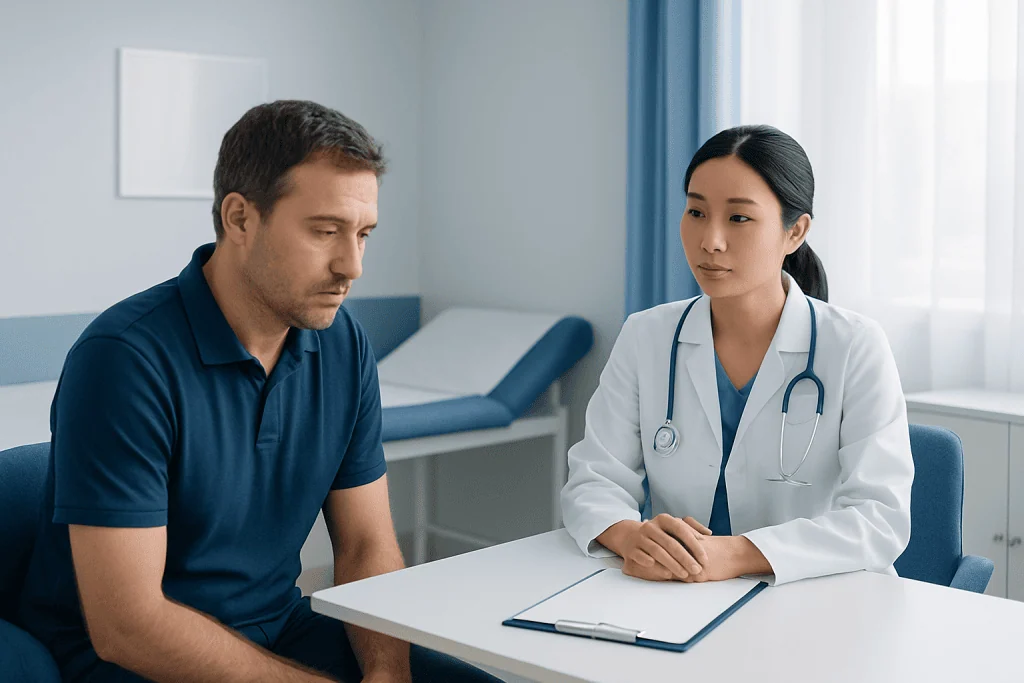 Doctor consulting with a male patient in a medical office setting.