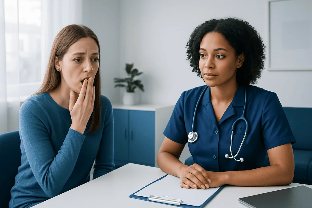 Woman consulting with a healthcare professional about bleeding gums.