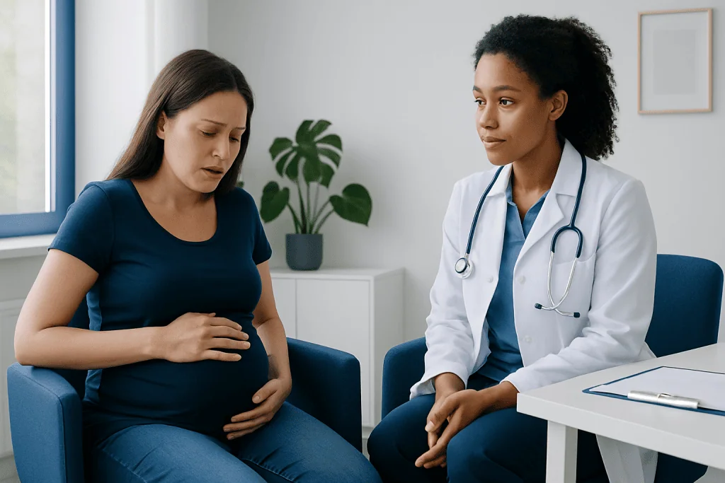 Pregnant woman consulting with a doctor in a clinical setting.