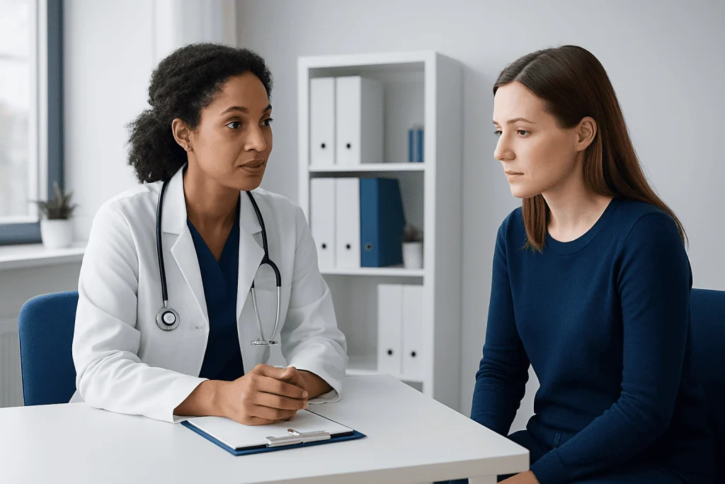 Doctor consulting with a patient in a modern medical office.