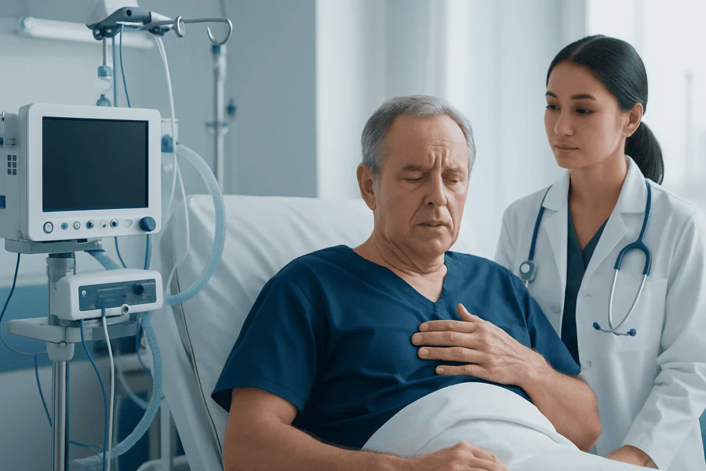 Patient in hospital bed with medical staff monitoring his condition.