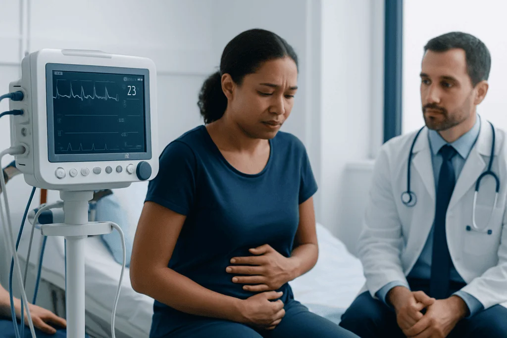 Patient experiencing abdominal pain in a hospital setting with medical monitor nearby.