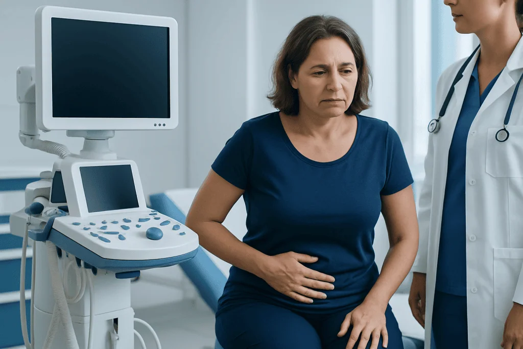 Woman experiencing abdominal pain during medical examination at hospital.