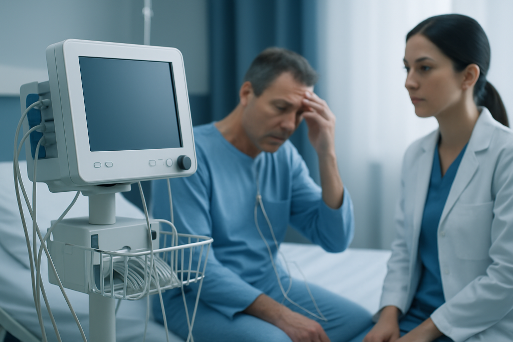 Patient in hospital bed with medical staff and monitoring equipment.