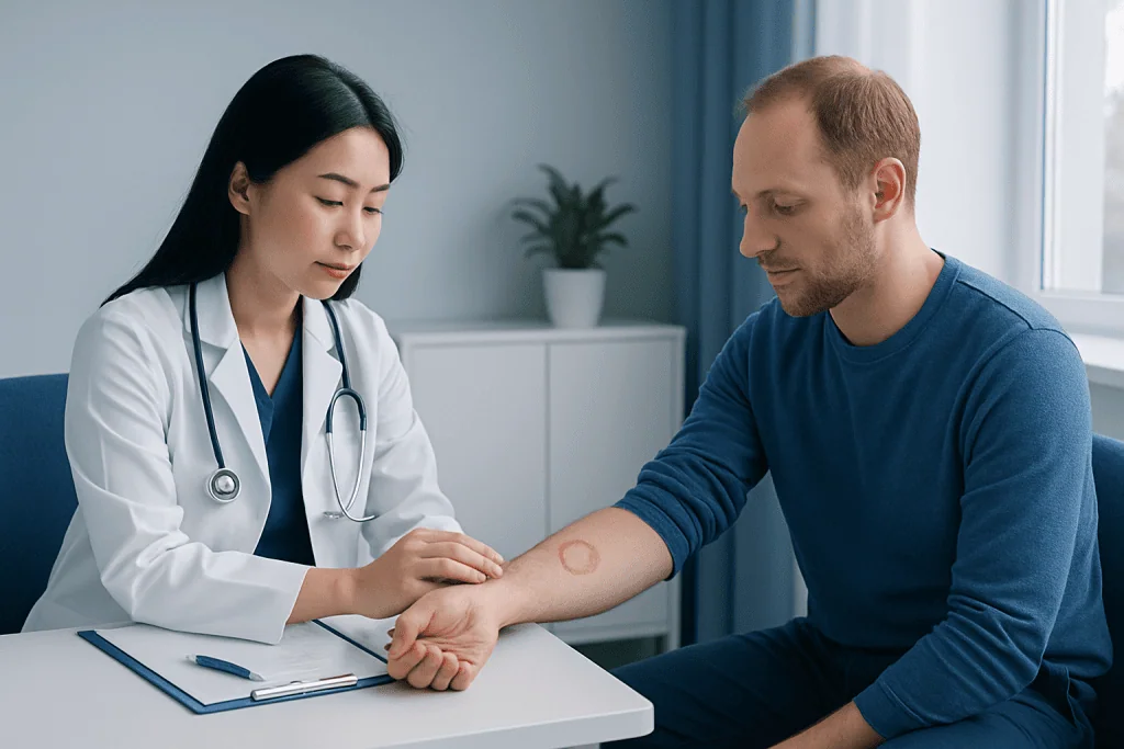 Doctor examining patient's arm with ringworm infection in clinic.