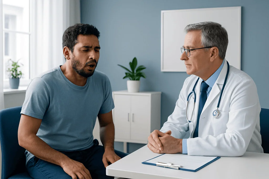 Doctor consulting with patient about respiratory issues in a clinic.
