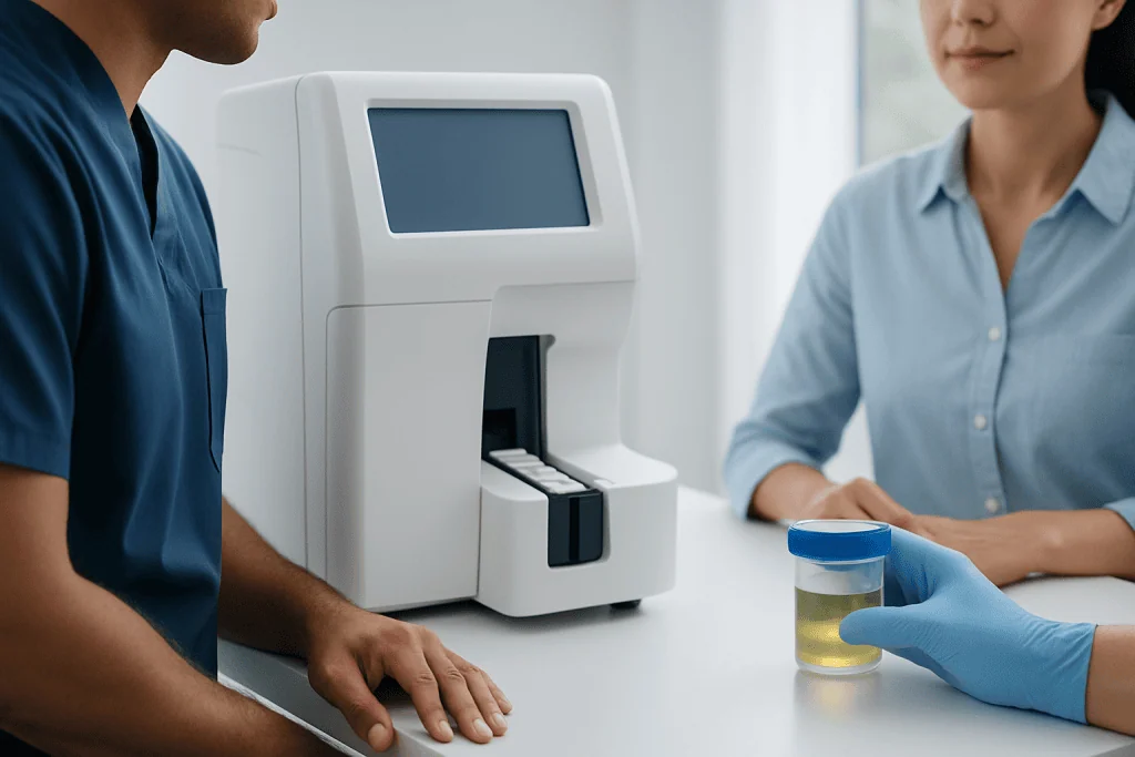 Urinalysis testing for ketones in urine at a medical facility.