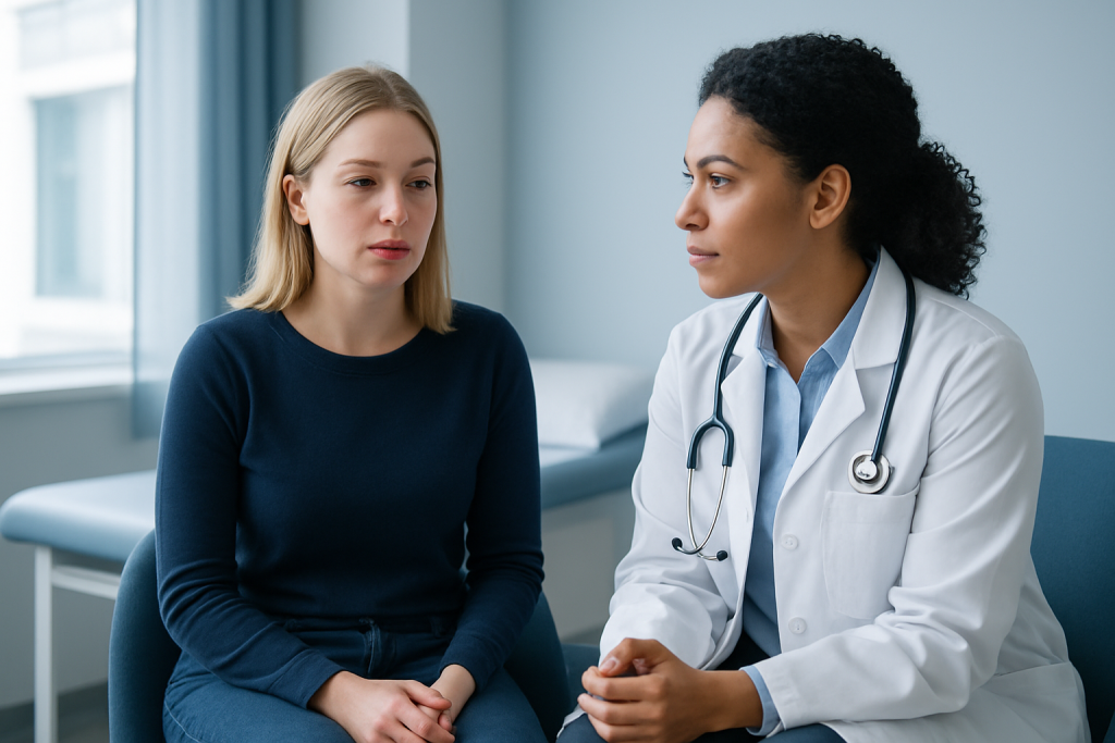 Doctor consulting with a young female patient in a medical office.