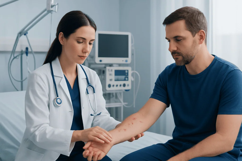 Doctor examining patient's arm in hospital setting.