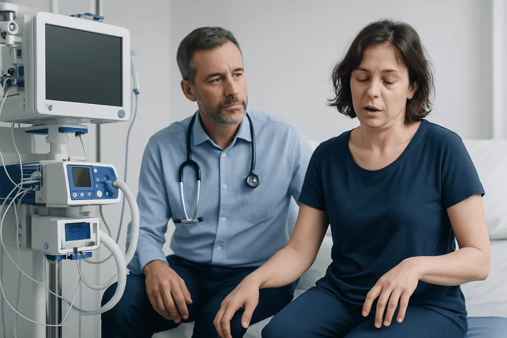 Doctor consulting a patient in a hospital room with medical equipment.