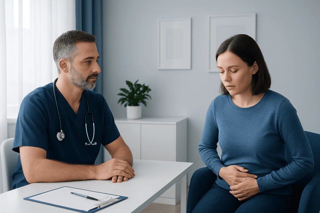 Doctor consulting a woman patient about digestive health issues.