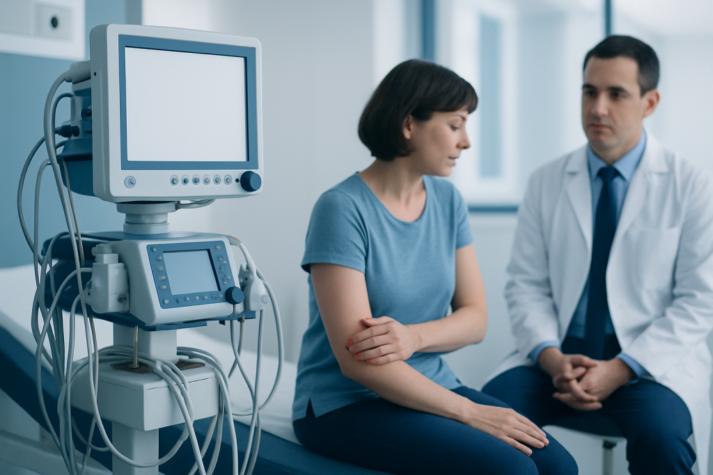 Doctor consulting a patient in a medical examination room with medical equipment nearby.
