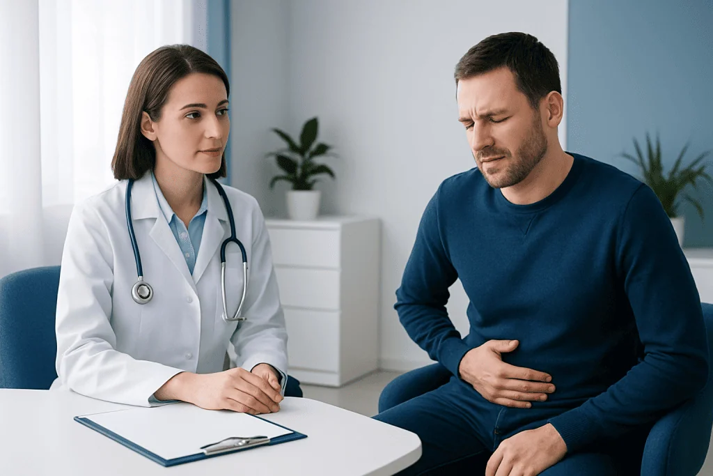 Doctor consulting with patient about stomach pain in a clinic setting.
