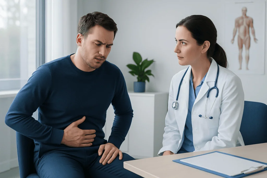 Patient experiencing abdominal pain during consultation with doctor.