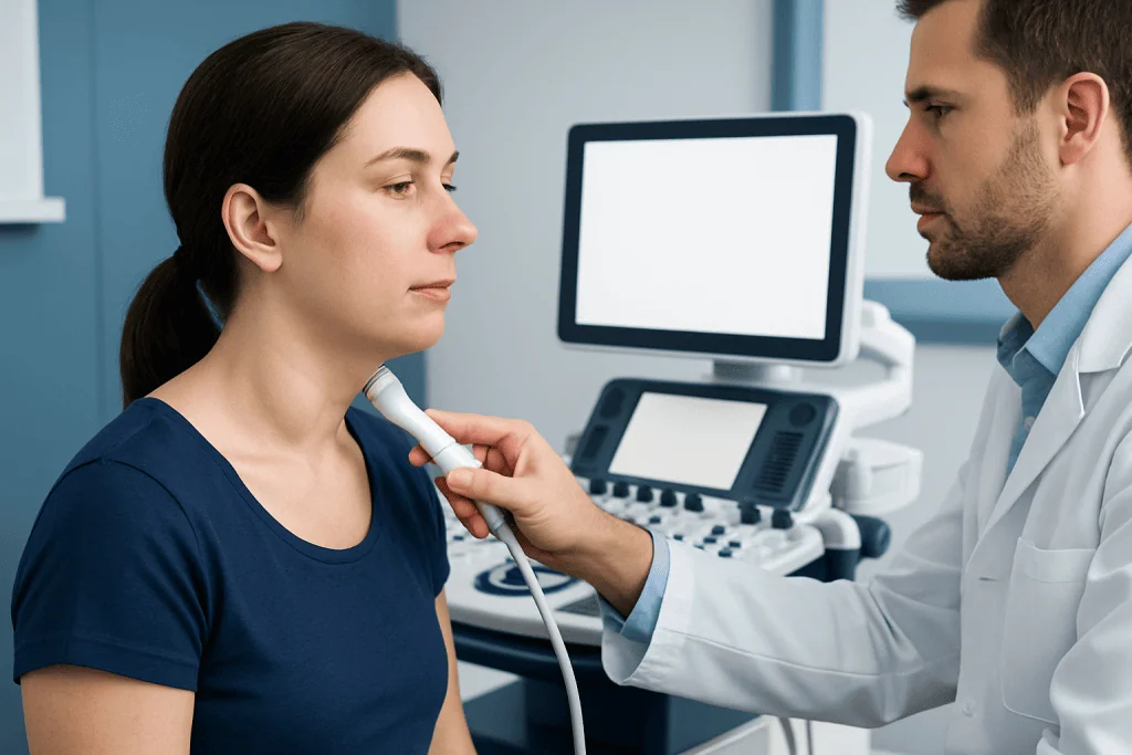 Doctor examines patient's neck with ultrasound in clinic setting.