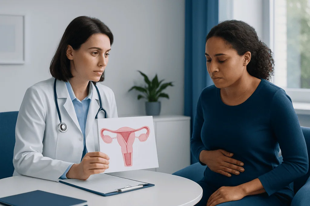 Gynecologist explaining ovarian health to a patient with a diagram.