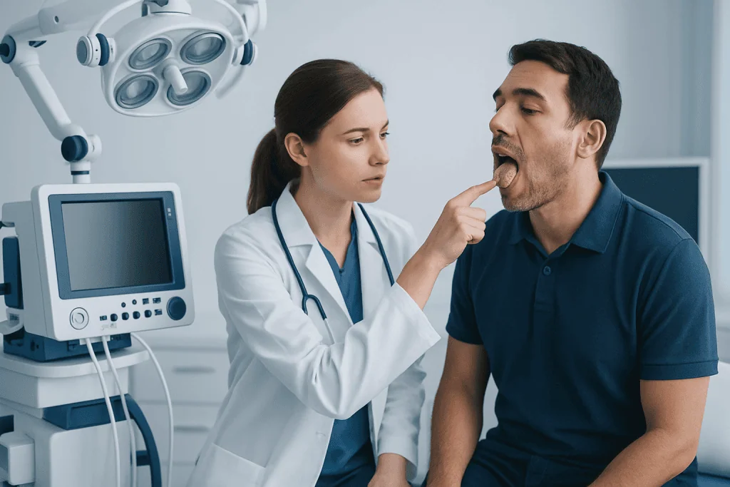 Doctor examines patient's tongue in a clinical setting.