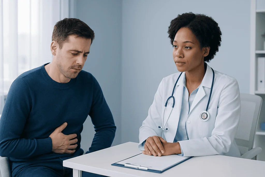 Doctor consulting with a patient experiencing stomach pain.
