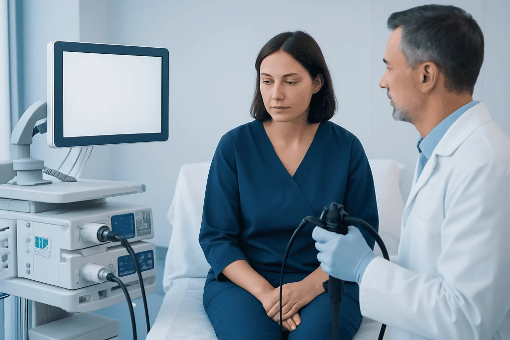 Doctor performing an endoscopy on a female patient in a hospital room.