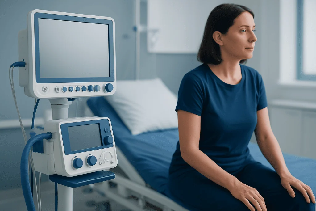 Woman sitting on hospital bed near medical monitoring equipment.