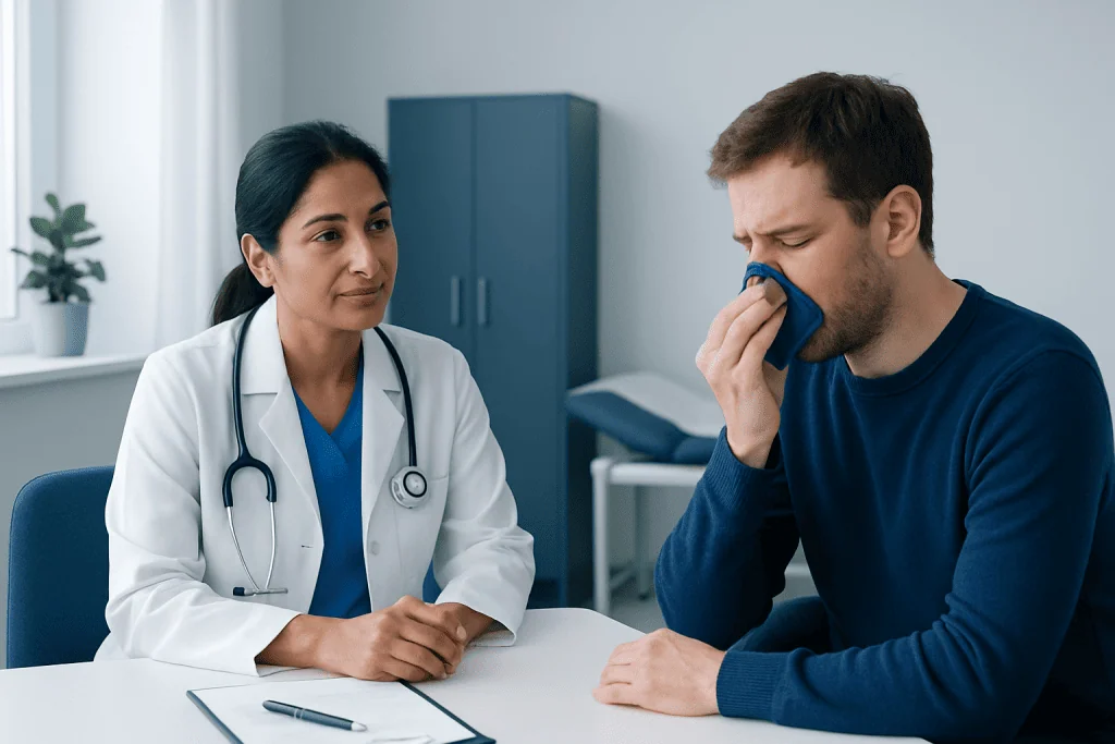 Doctor consulting with patient suffering from allergy symptoms in clinic.
