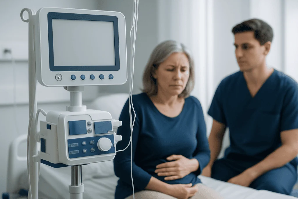 Patient in hospital bed with medical monitor and healthcare professional nearby.