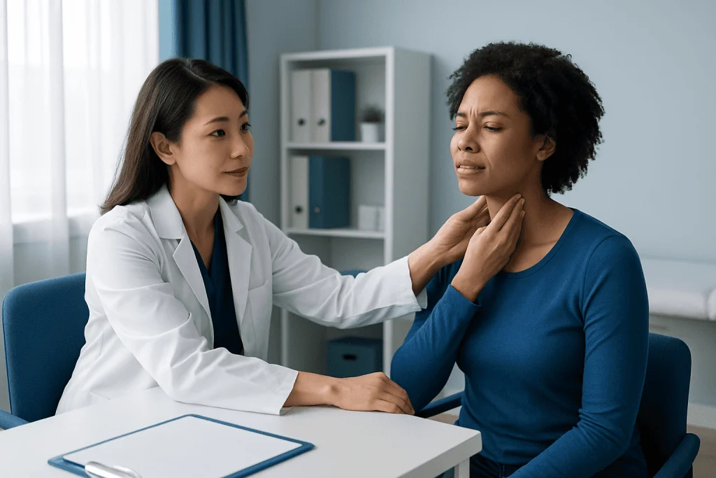 Doctor examining a patient's throat in a medical consultation room.