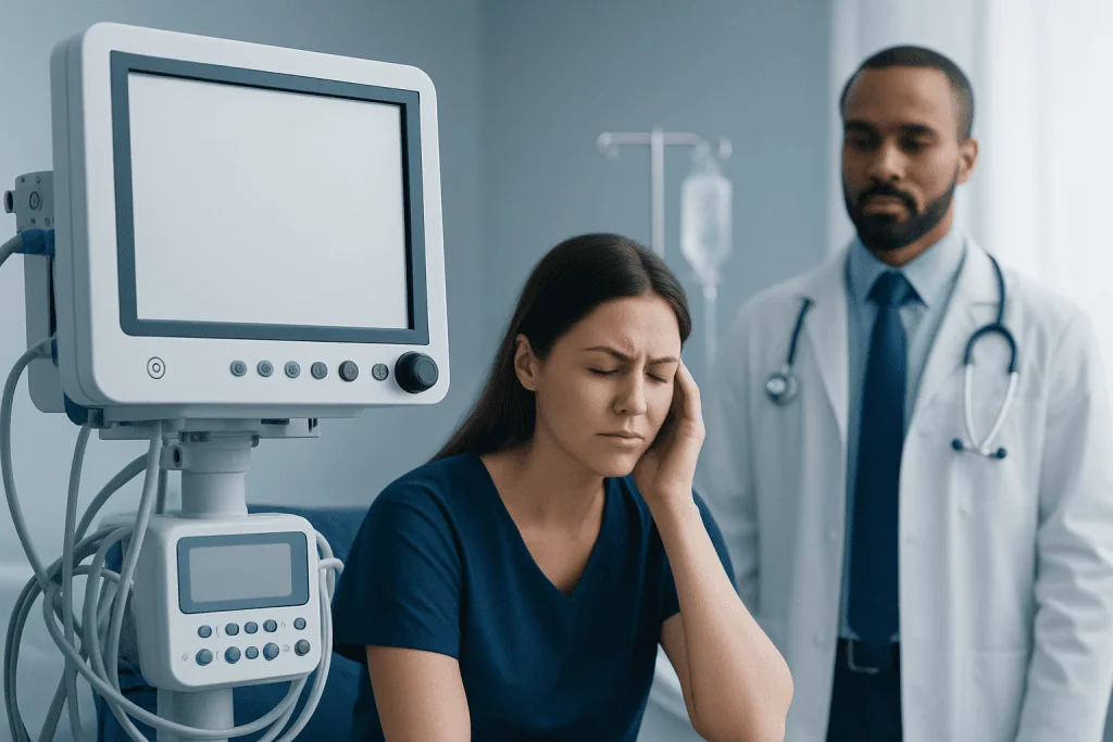 Patient experiencing headache in hospital room with medical equipment.