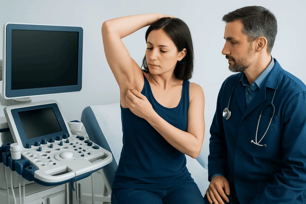 Doctor examining woman's armpit for swollen lymph nodes in clinic setting.
