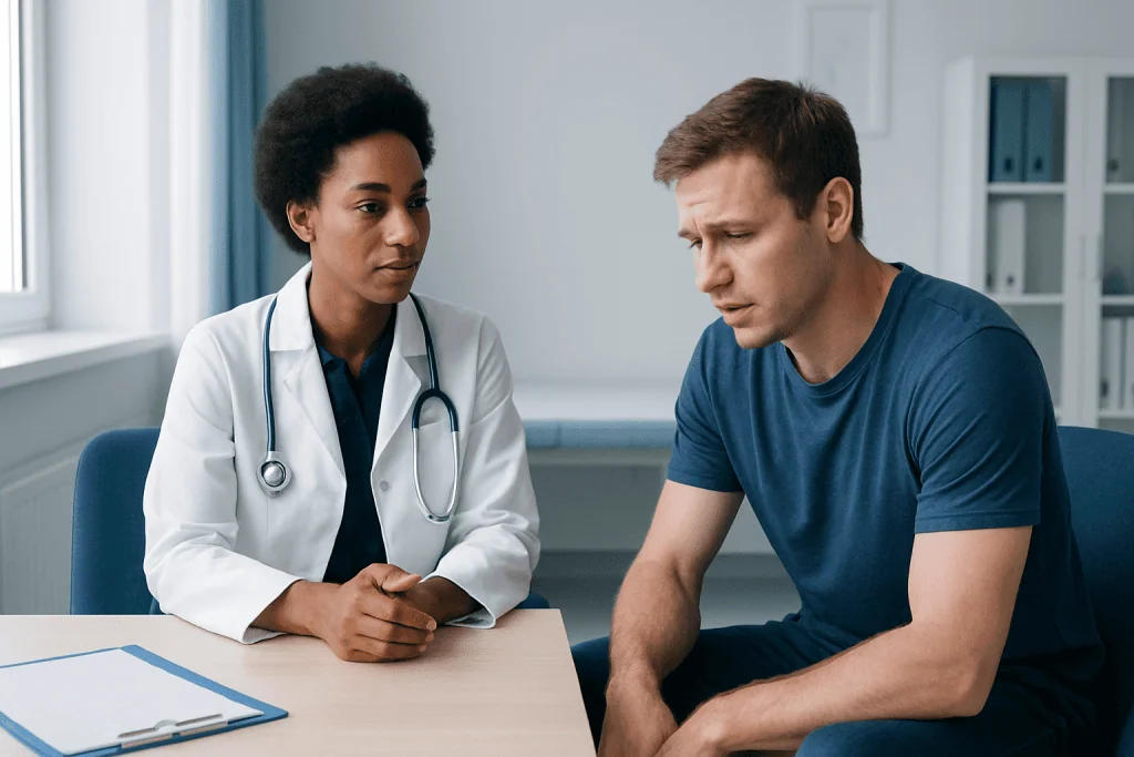 Doctor consulting with a male patient in a medical office.