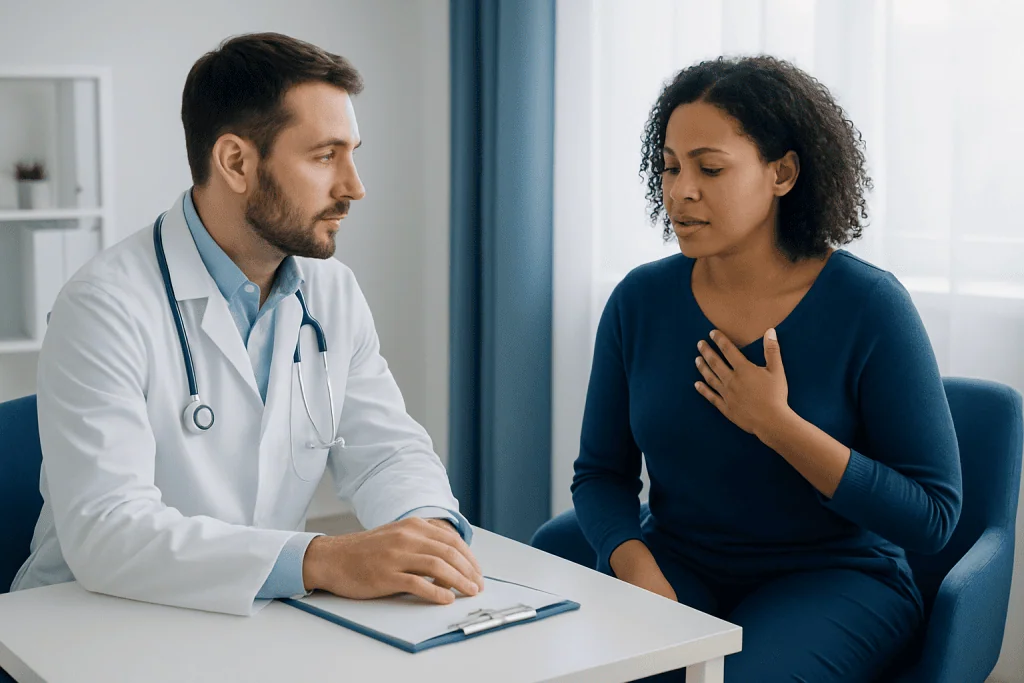 Doctor consulting a patient about medical concerns in a clinic setting.