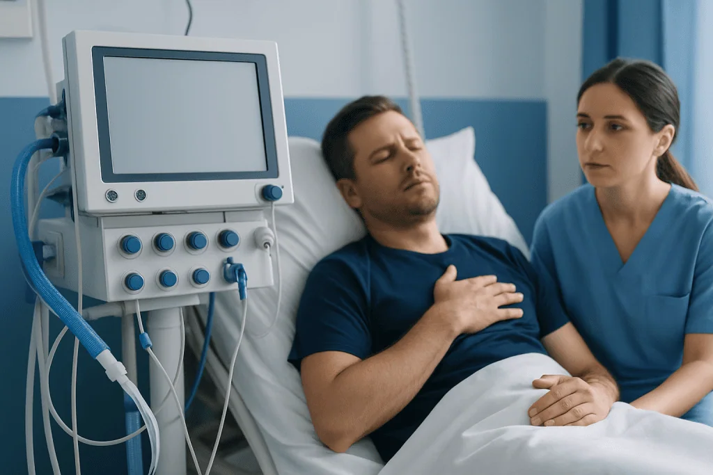 Patient in hospital bed with medical staff and monitoring equipment.
