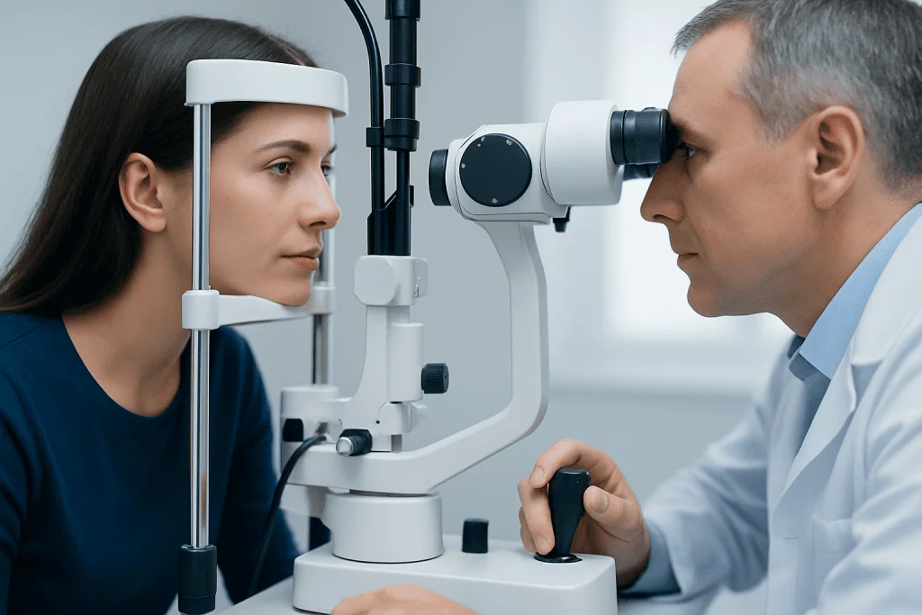 Ophthalmologist examining patient's eye with slit lamp in clinic.