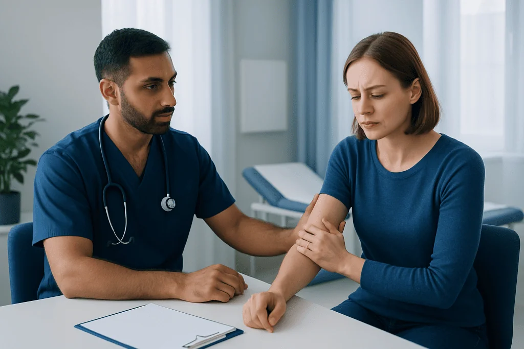 Doctor examining patient's arm for muscle pain or injury.