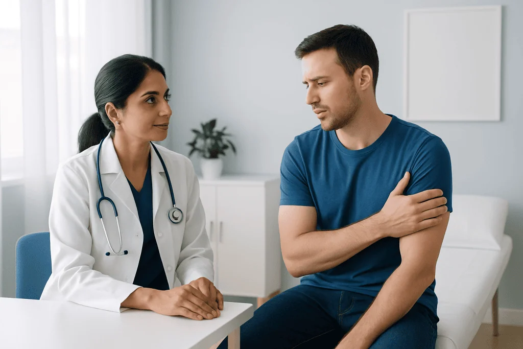 Doctor consulting male patient about shoulder pain in clinic.