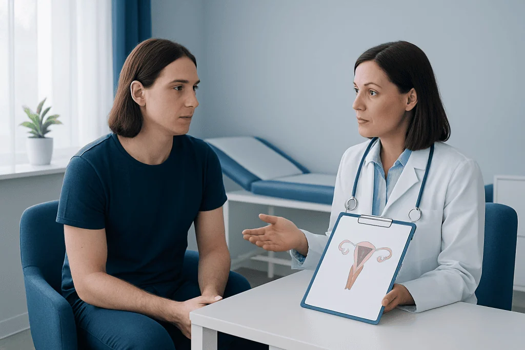 Doctor discussing reproductive health with patient in clinic setting.