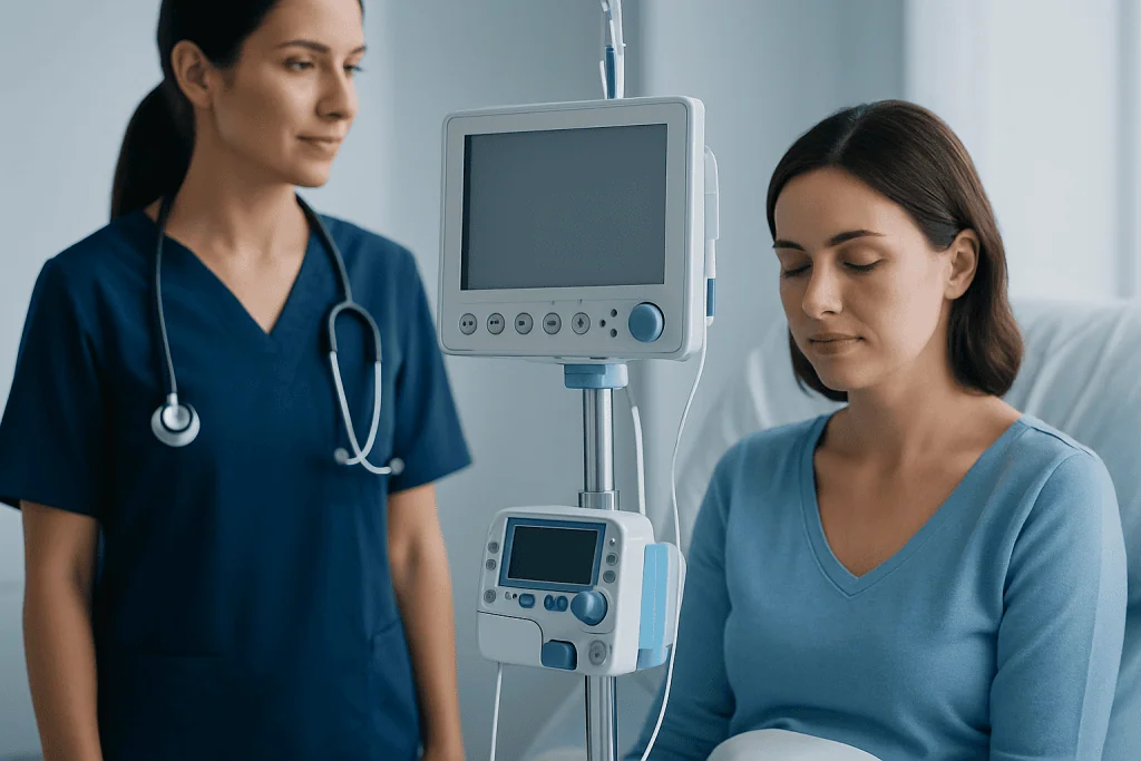 Medical professional and patient in a hospital room with monitoring equipment.