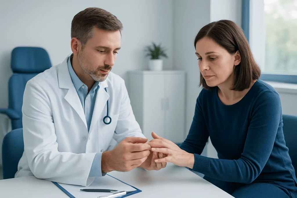 Doctor examining patient's finger joint in a consultation room.
