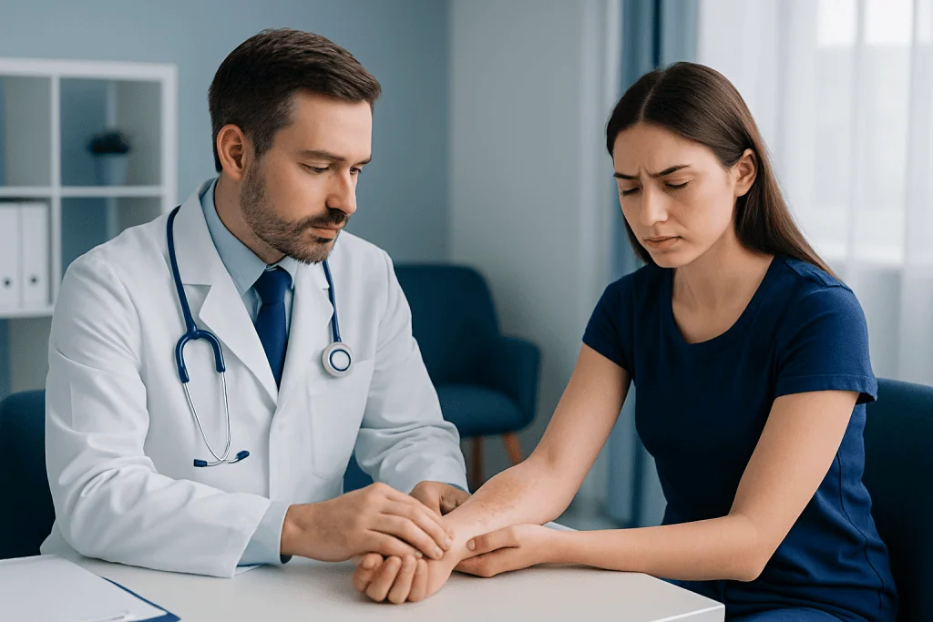 Doctor examining a woman's arm in a clinical setting.