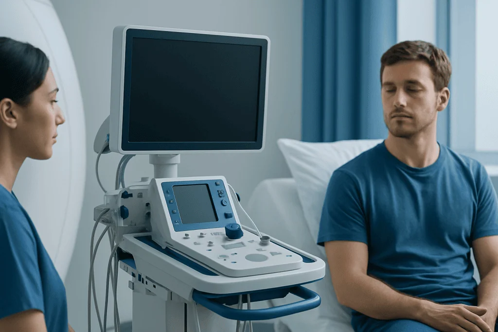 Patient undergoing neurological examination in a hospital setting.
