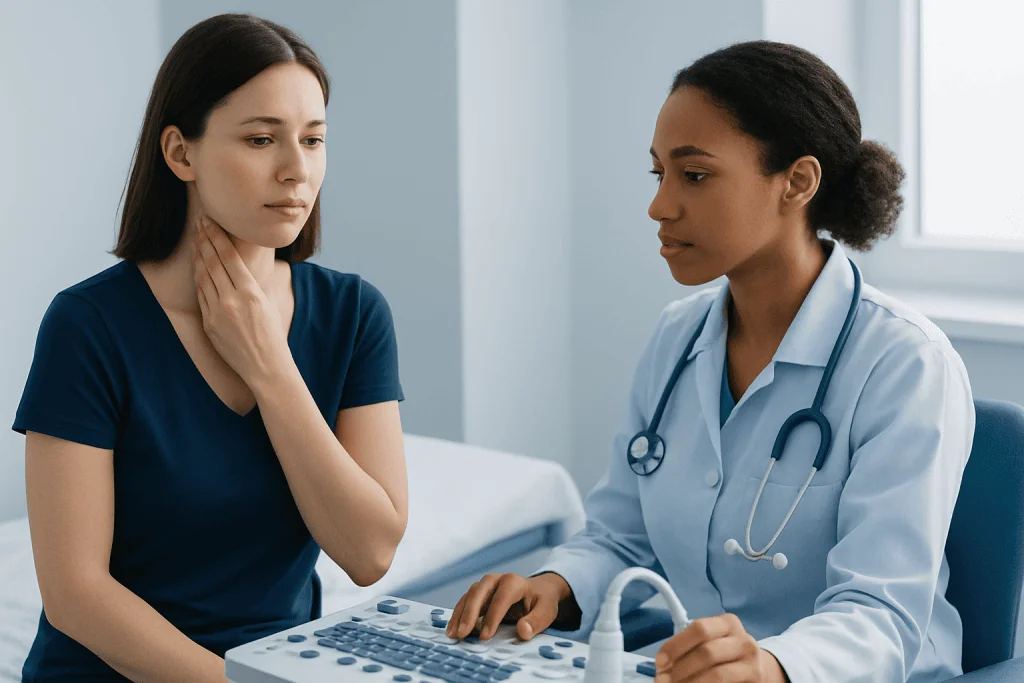 Doctor explaining medical results to a patient in a clinical setting.