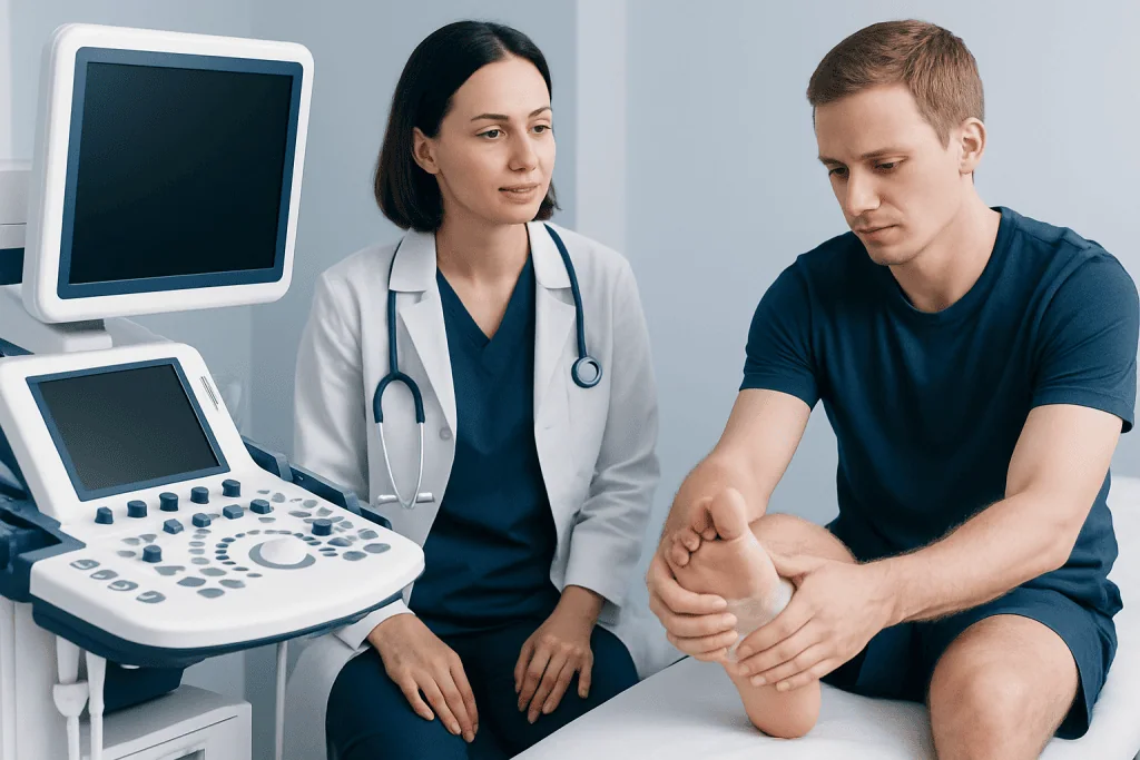 Doctor examining a patient's ankle in a medical consultation room.