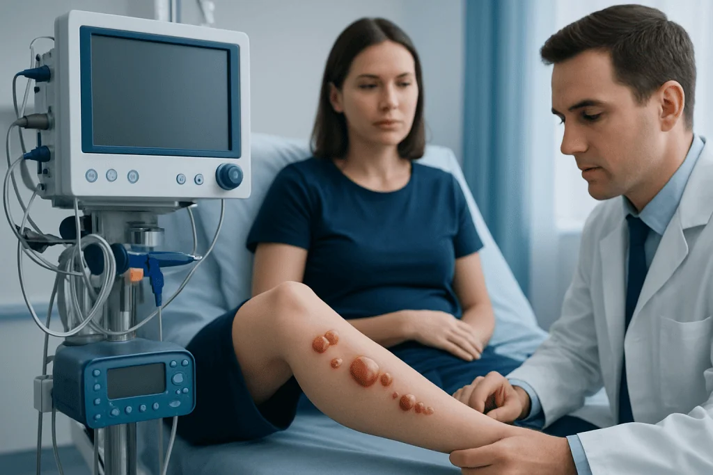 Medical professional examines patient's leg with blistering skin lesions.