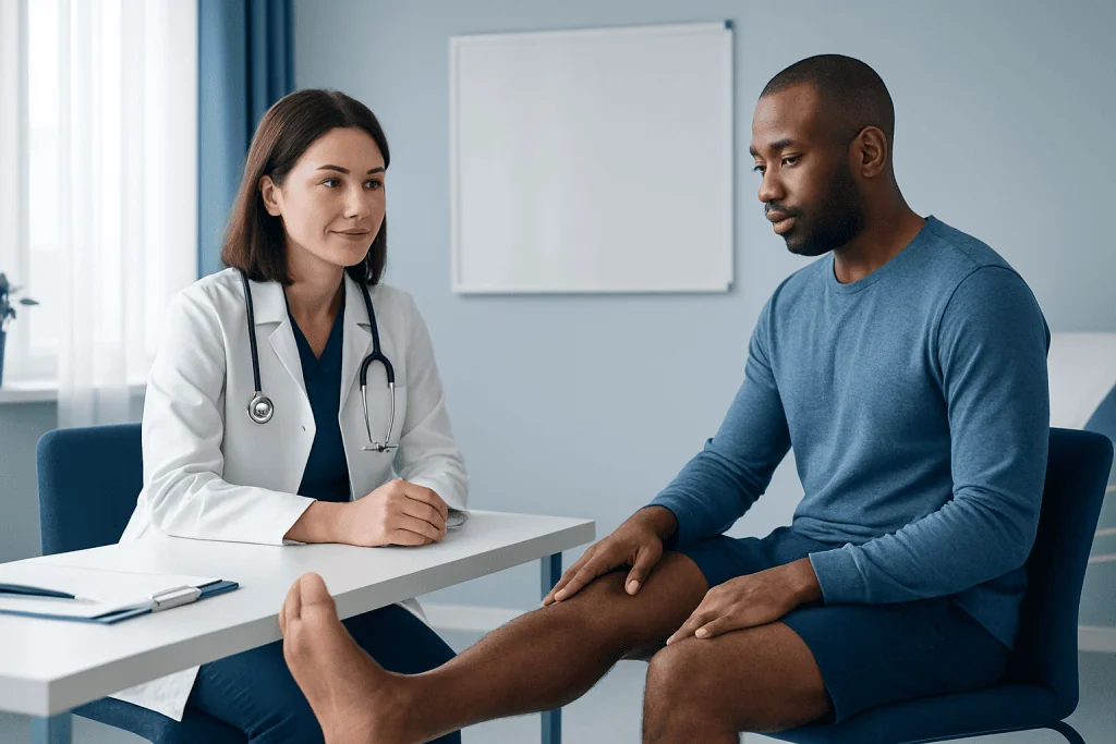 Doctor examining patient's leg in a clinical setting.