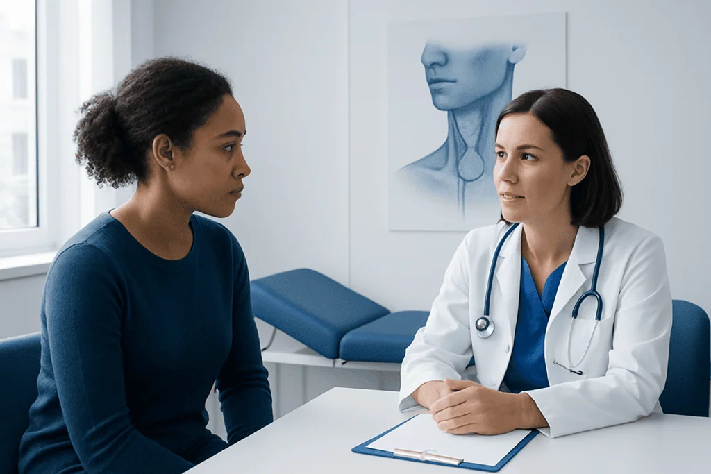 Doctor consulting with patient in a medical office setting.