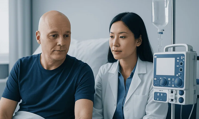 Doctor consulting with a patient in a hospital room with medical equipment nearby.