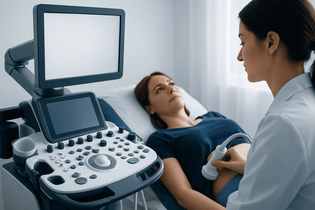 Doctor performing an ultrasound on a patient in a hospital room.