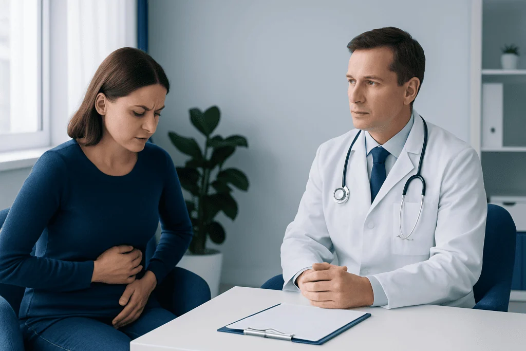 Doctor consulting with a woman patient about abdominal health issues.