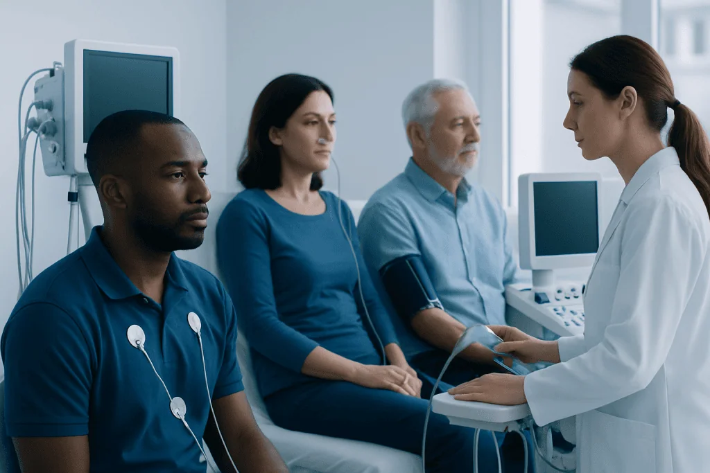 Medical consultation with diverse patients in a hospital setting.